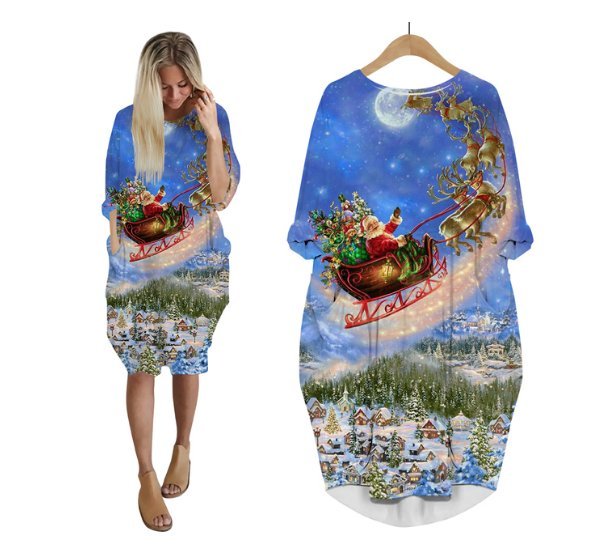 3D Print Weihnachtskleid Festkleid Knielang Blau Nikolaus mit Schlitten