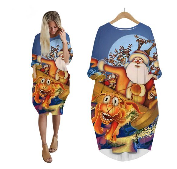 3D Print Weihnachtskleid Festkleid Knielang Bunt Nikolaus mit Schlitten