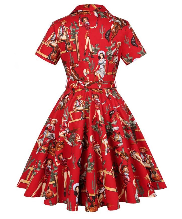 50 er Kurzarm Rockabilly Kleid Knielang Beryll in Rot mit Vintage Muster