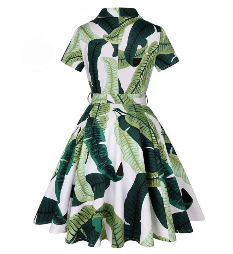 50 er Kurzarm Rockabilly Kleid Knielang Bluebell in Grün mit Palmen Muster
