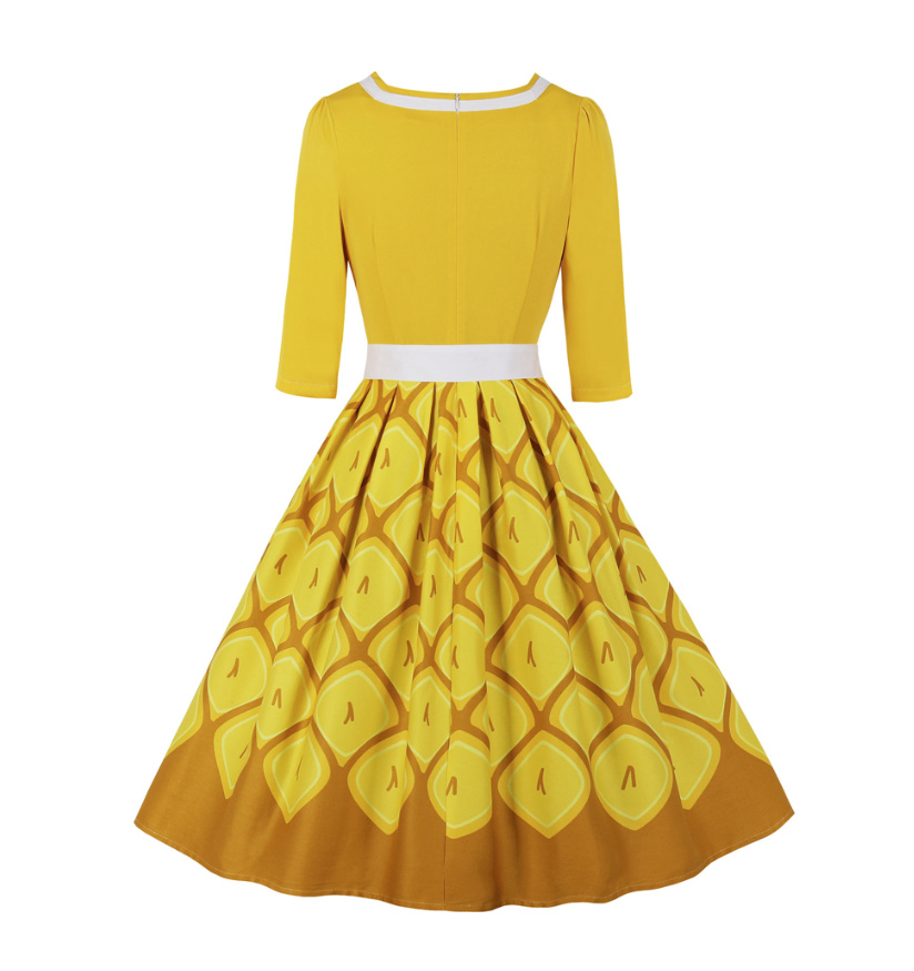 50 er Rockabilly Plisse Print Kleid mit Motive in Gelb