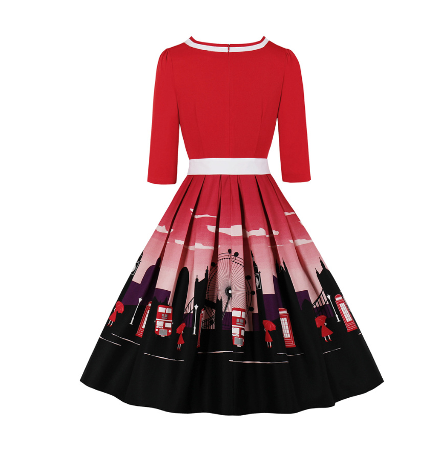 50 er Rockabilly Plisse Print Kleid mit Motive in Rot