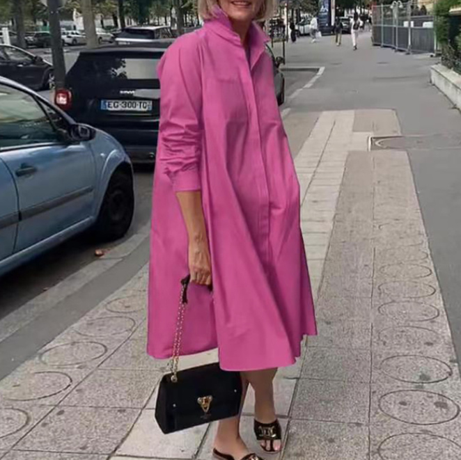  A Linie Blusen Kleid Sportlich Elegant in Pink Knielang