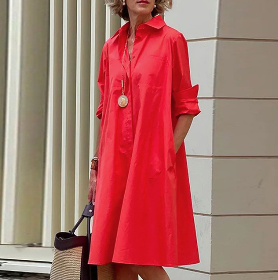  A Linie Blusen Kleid Sportlich Elegant in Rot Knielang
