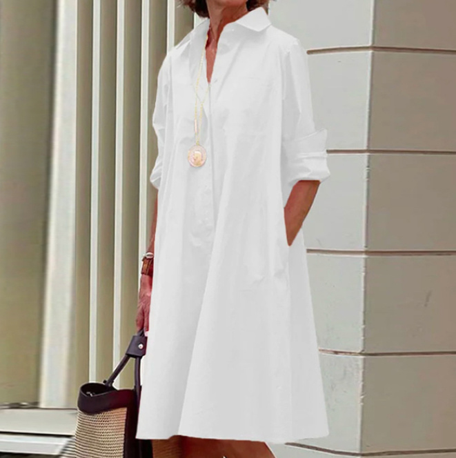  A Linie Blusen Kleid Sportlich Elegant in Weiß Knielang