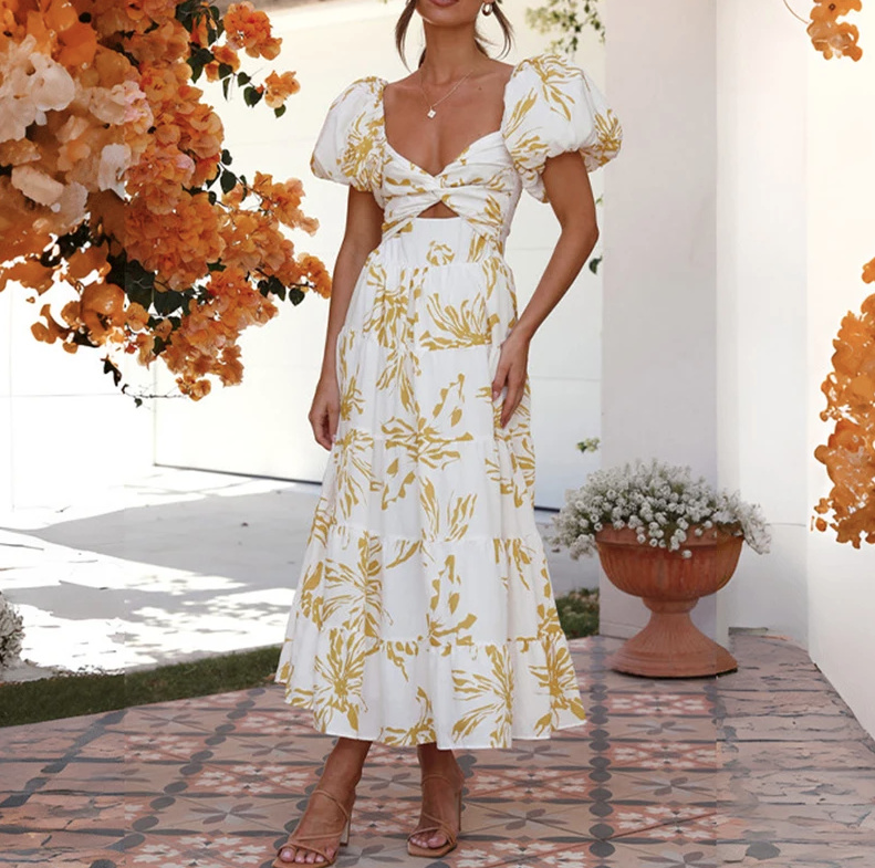 A Linie Chiffon Sommerkleid Lovis Lang mit Blumenmuster Weiß Gold