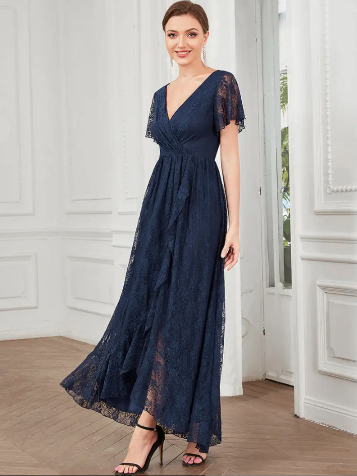  A Linie Kleid Elegant aus Spitze mit Flare Ärmeln in Marineblau