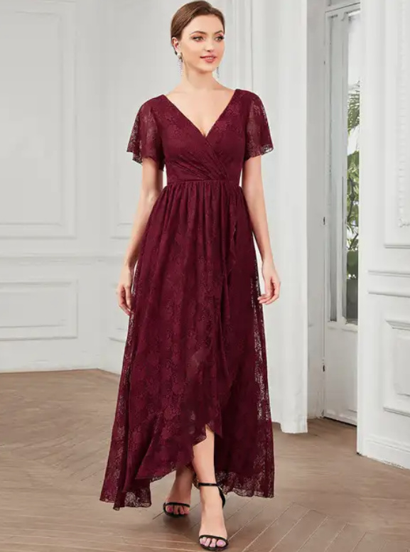  A Linie Kleid Elegant aus Spitze mit Flare Ärmeln in Weinrot