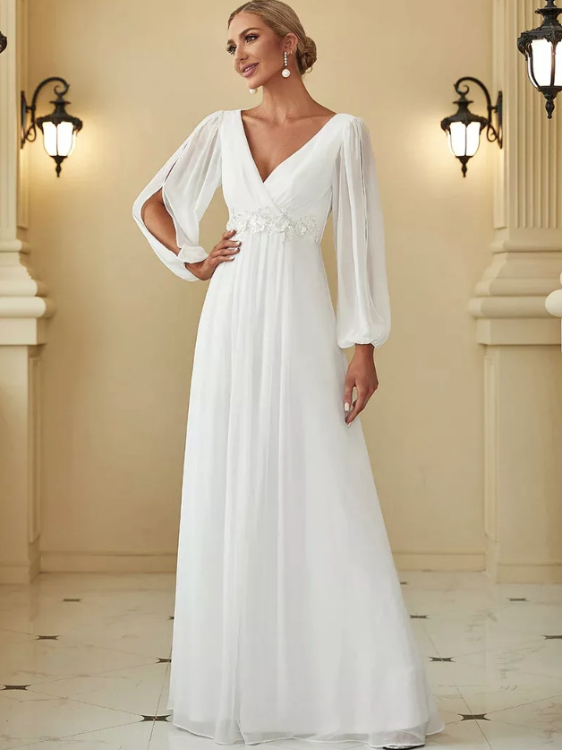  A Linie Langarm Chiffon Empire Abendkleid mit V Ausschnitt in Weiß