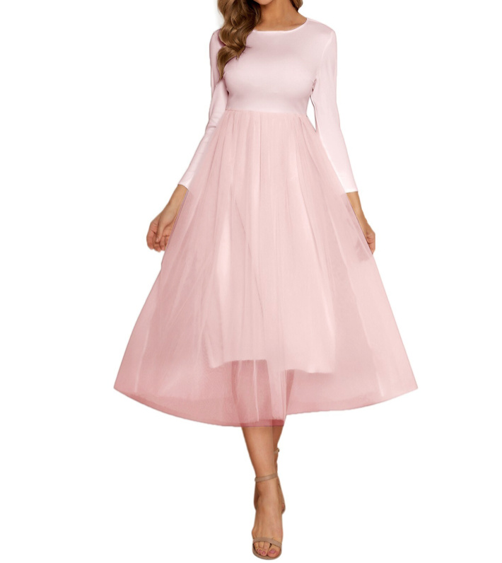 A-Linie Langarm Chiffon Kleid Elegant Wadenlang in Rosa