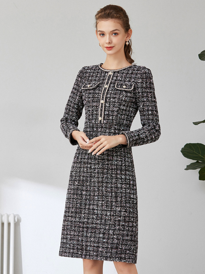  A Linie Langarm Tweed Kleid Elegant in Schwarz Knielang