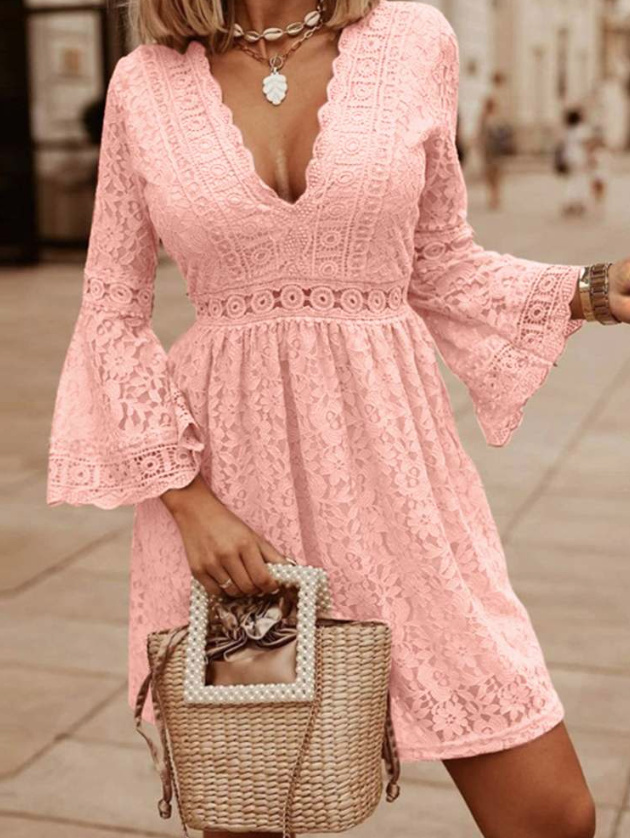  A Linie Langarm V-ausschnitt Sommerkleid Elegant Kurz in Rosa