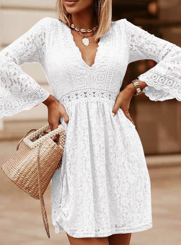  A Linie Langarm V-ausschnitt Sommerkleid Elegant Kurz in Weiß
