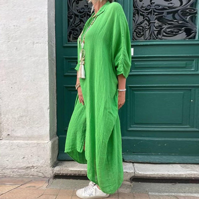 A-Linie Leinen Damen Kleid mit V Ausschnitt in Grün