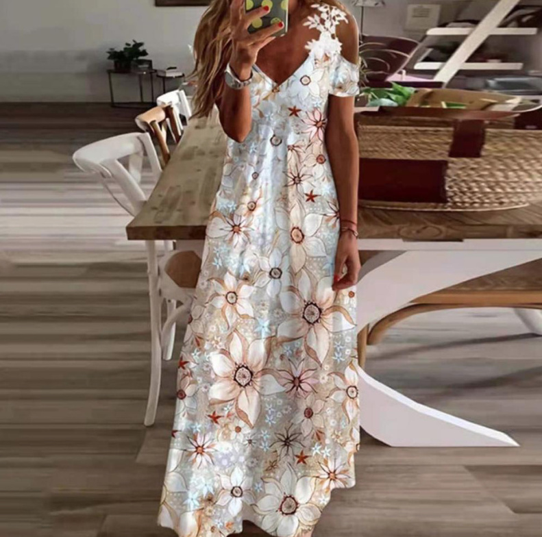 A Linie Maxi Kurzarm Sommerkleid Lang mit Spitzen Träger Creme mit Blumen