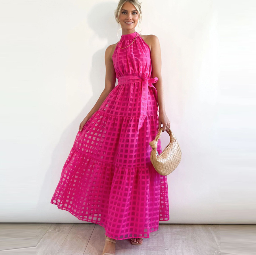  A Linie Maxi Sommerkleid Lang Elegant in Pink Hochgeschlossen