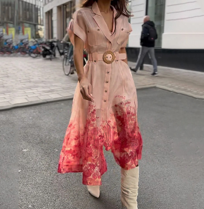 A-Linie Maxi Sommerkleid Lang in Rosa mit Gürtel und Blumenmuster