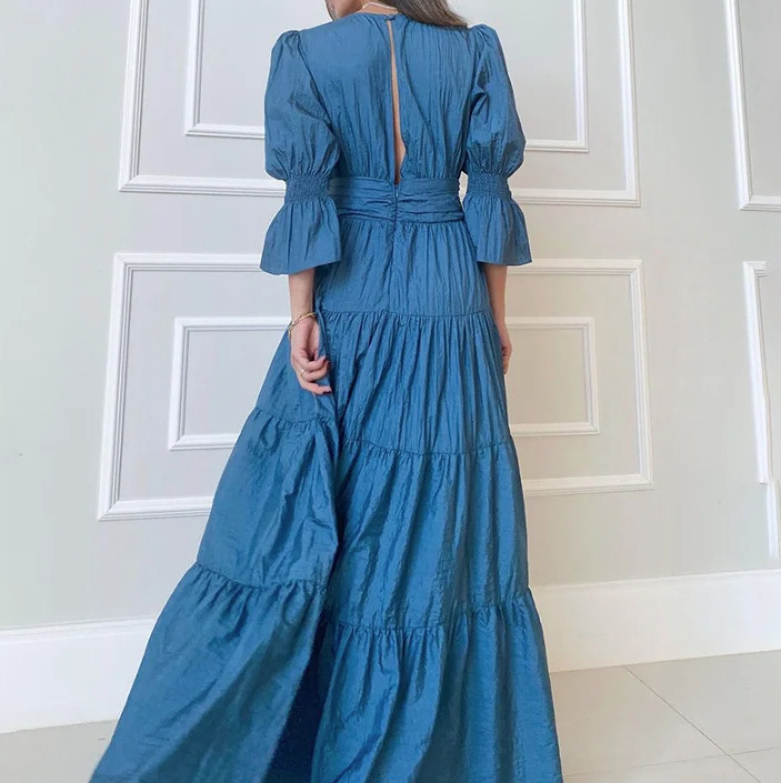 A-Linie Maxi Sommerkleid Leia mit V Ausschnitt und Puffärmel Lang in Blau