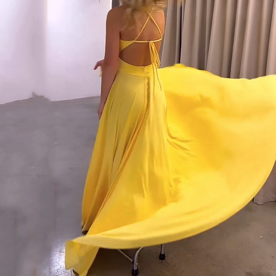 A-Linie Maxi Sommerkleid mit Sexy Rücken Ausschnitt Lang in Gelb