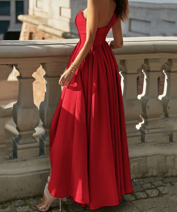 A Linie Plissee Vokuhila One Shoulder Träger Kleid in Rot