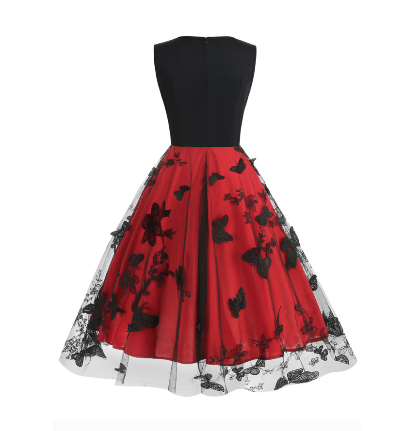A-Linie Rockabilly Kleid Knielang Schwarz Rot mit Tüll und Schmetterlinge 