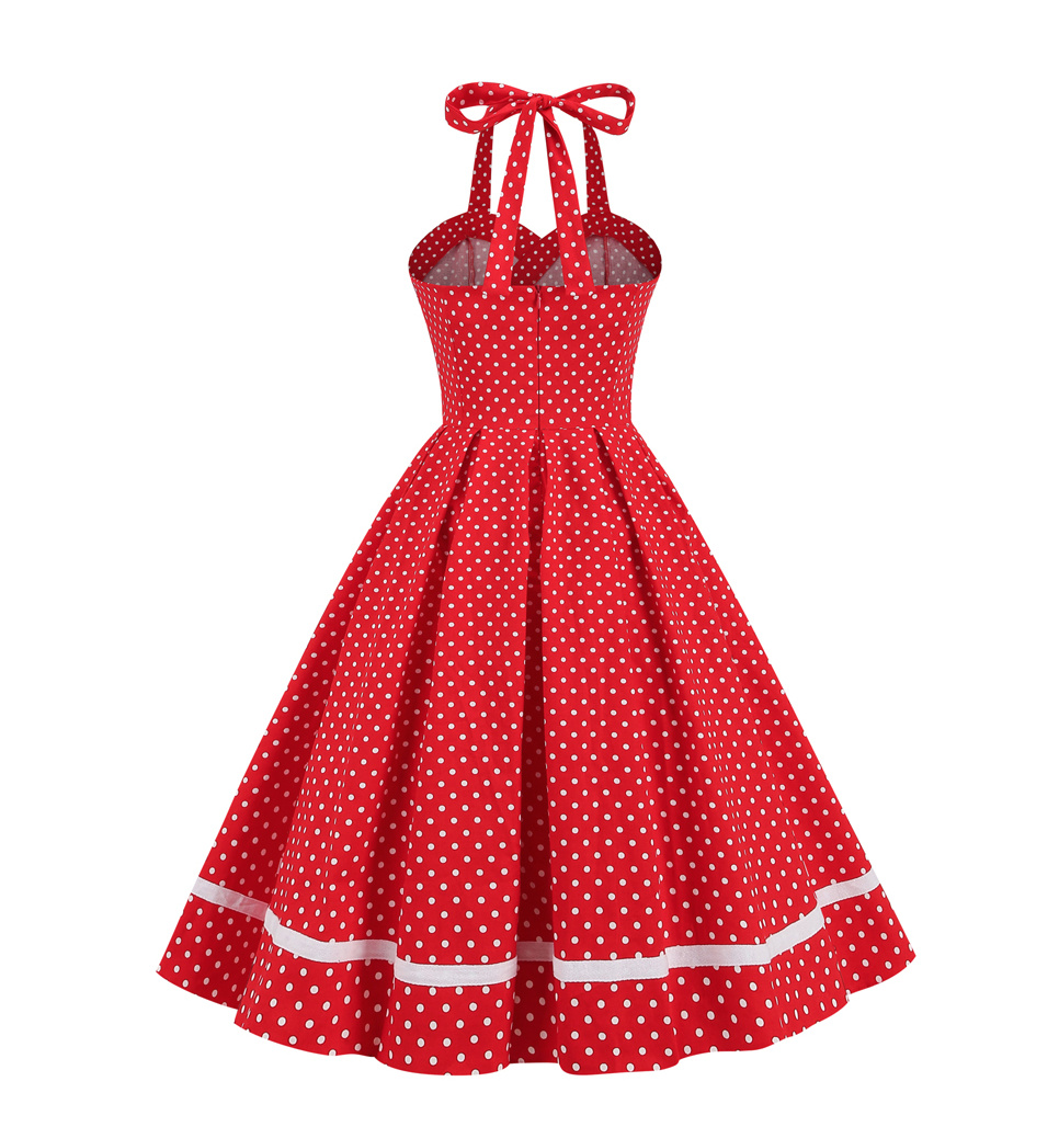 A Linie Rockabilly Kleid mit Neckholder Träger Knielang in Rot Gepunktet