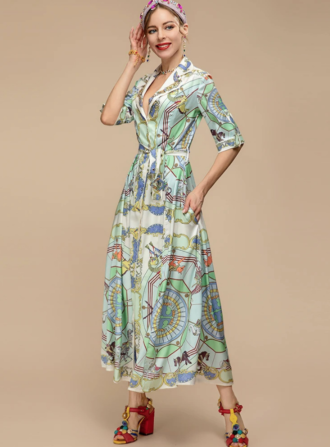  A Linie Sommerkleid Elegant mit Ärmel in Hellgrün mit Vintage Muster
