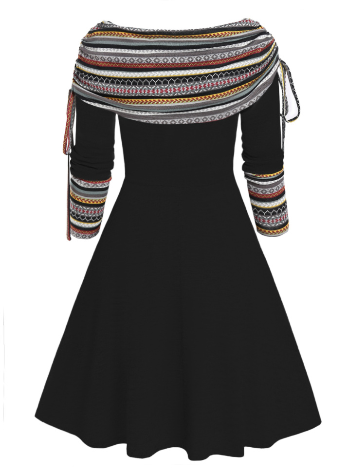 A Linie Vintage Langarm Kleid Knielang mit Applikationen Schwarz