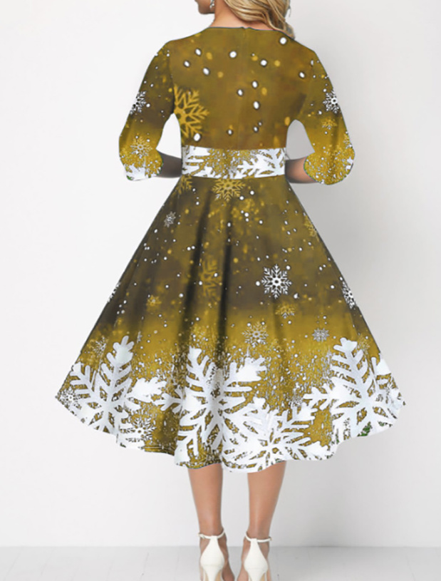  A Linie Vintage Style Weihnachtskleid In Gold mit Motive und Ärmel