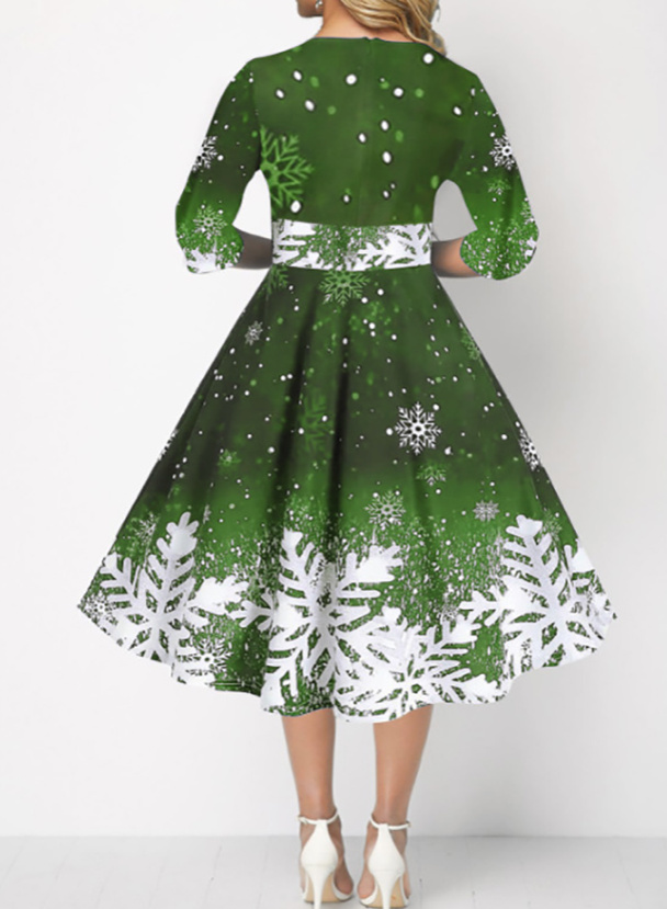  A Linie Vintage Style Weihnachtskleid In Grün mit Motive und Ärmel