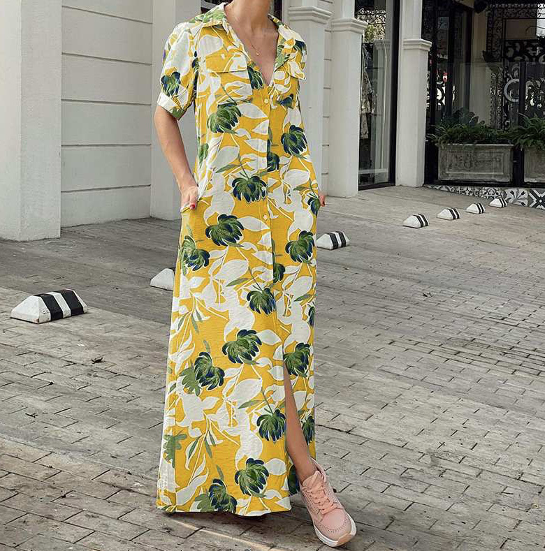 A-Linie Urlaub Sommerkleid mit Kurzarm in Gelb Blumenmuster