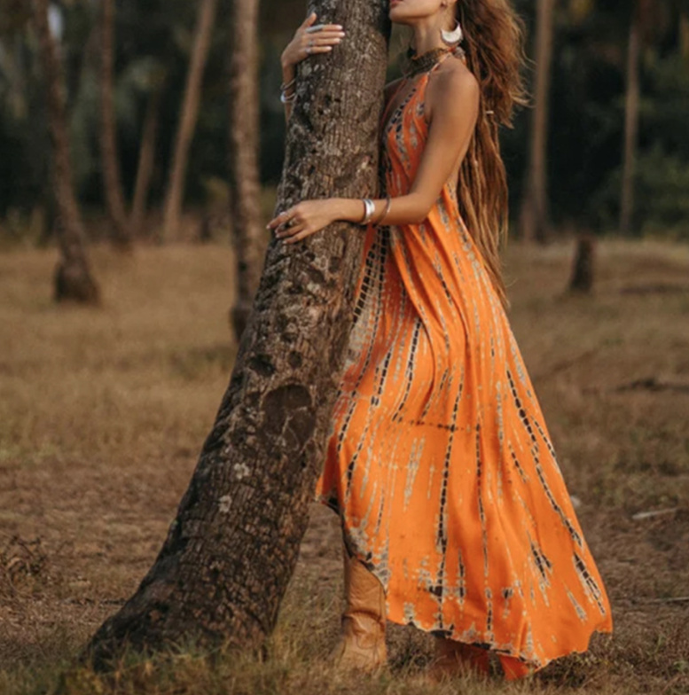 Ärmelloses Boho Maxi Kleid mit Rücken Ausschnitt Orange