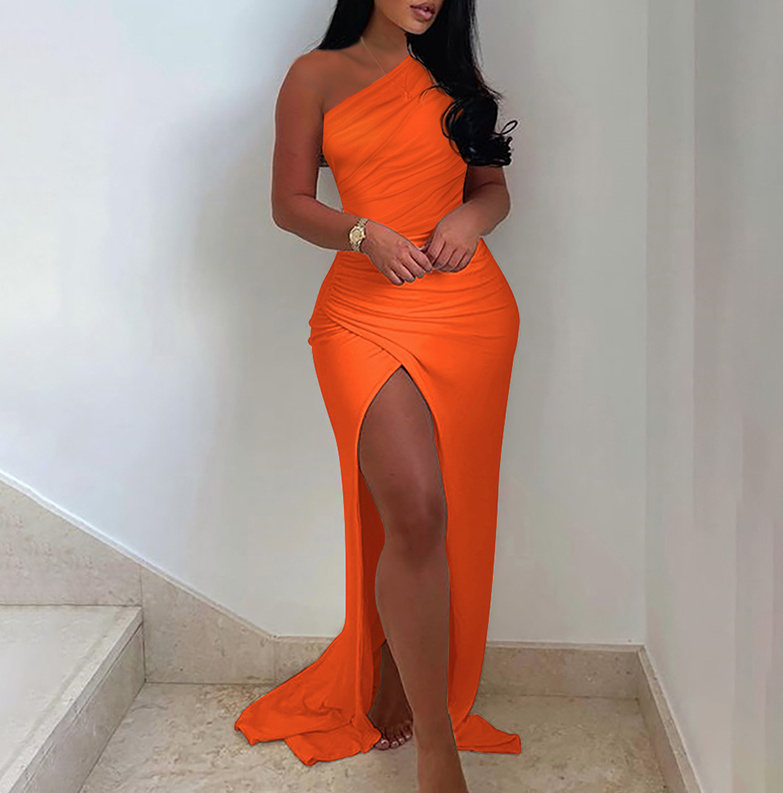 Bleistift One Shoulder Kleid Elegant Lang in Orange mit Schlitz