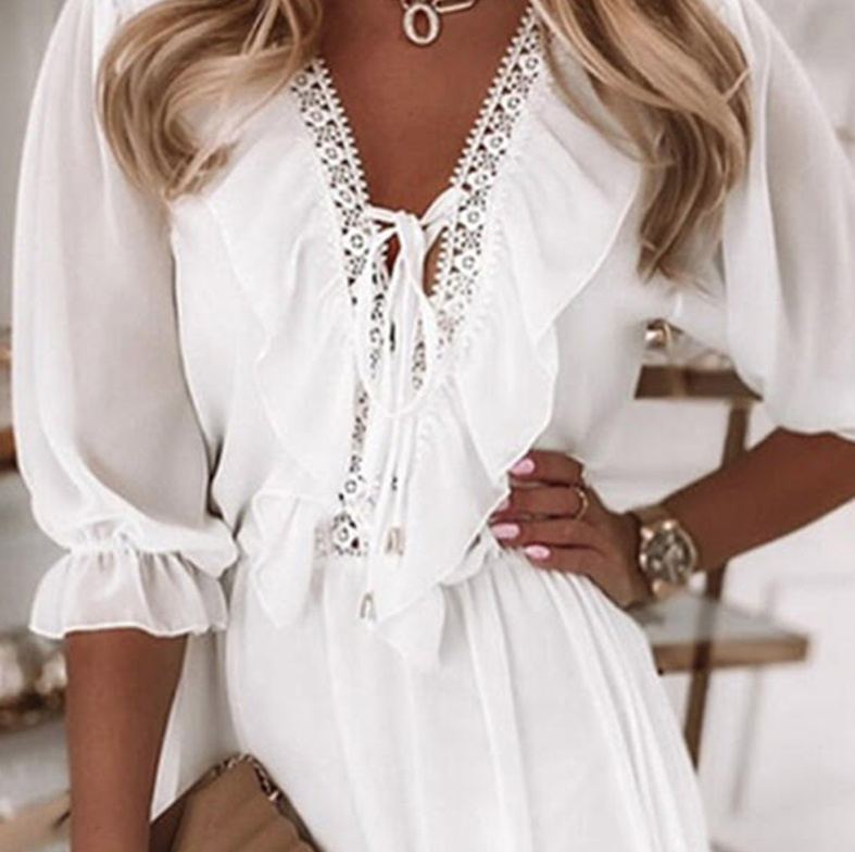 Boho Chiffon Sommerkleid mit Ärmel in Weiß