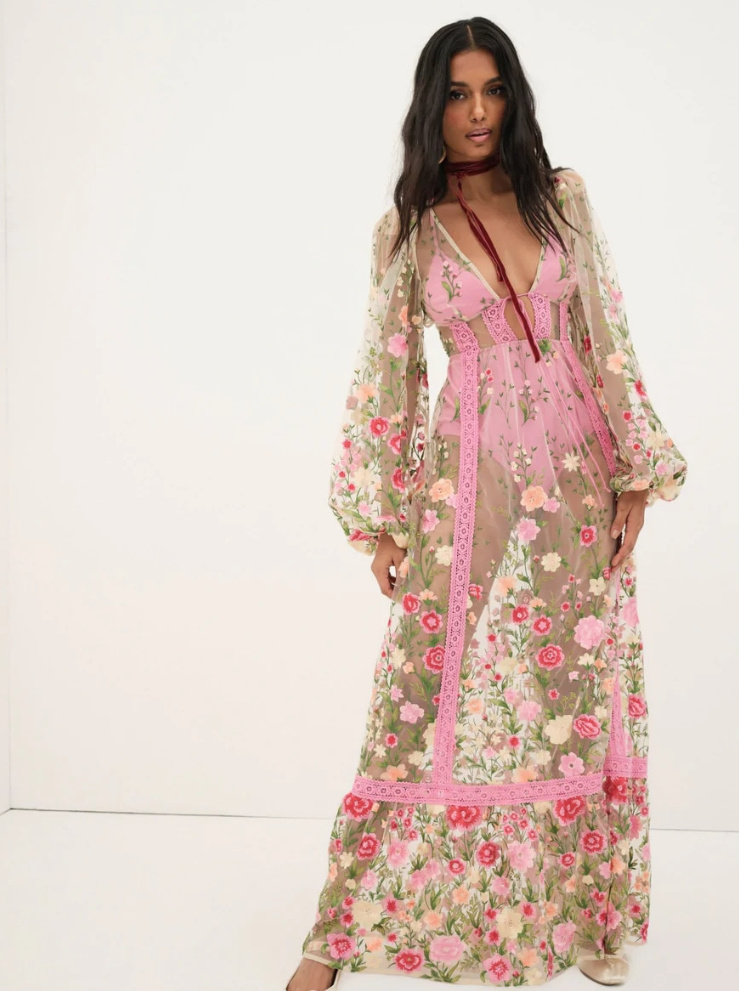 Boho Style Langarm Chiffon Cover Up Strandkleid in Rosa mit Blumenmuster