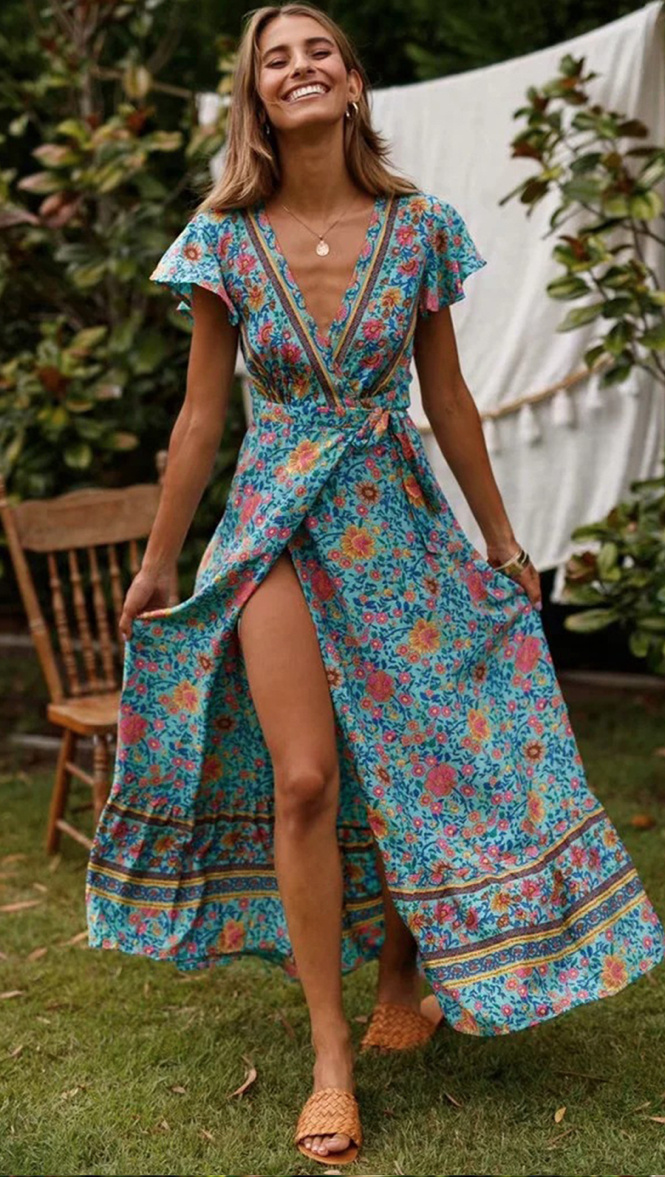 Boho Style Sommer Wickelkleid Lang mit Blumenmuster Blau