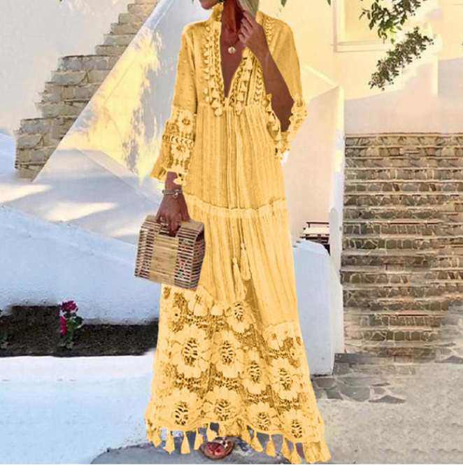 Boho Style Sommerkleid Lang mit Spitze in Gelb bis 4XL