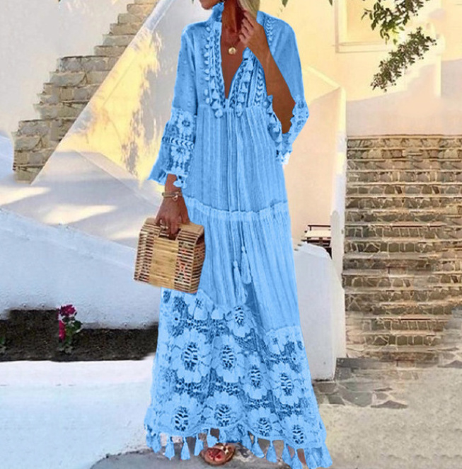 Boho Style Sommerkleid Lang mit Spitze in Hellblau bis 4XL