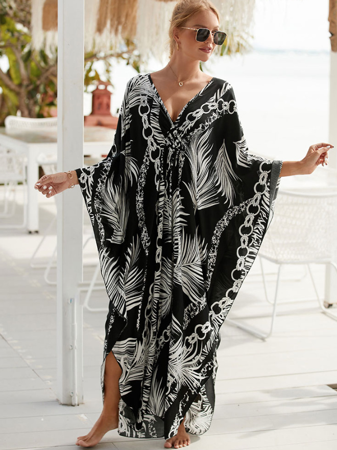 Chiffon Tunika Strandkleid Sommerkleid Cathlin in Schwarz mit Palmen Muster