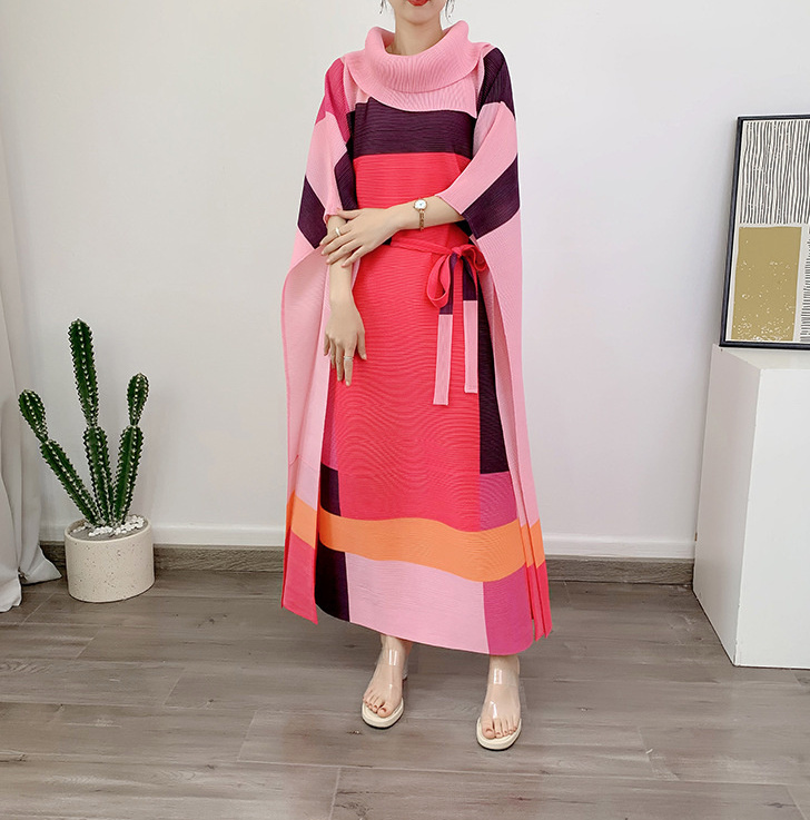 Color Block Maxi Kleid Lang mit Gürtel Rose Pink