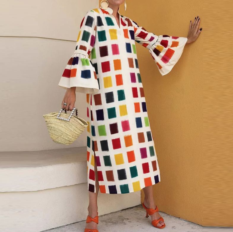 Color Block Maxi Kleid Wadenlang Elegant Weiß Kariert
