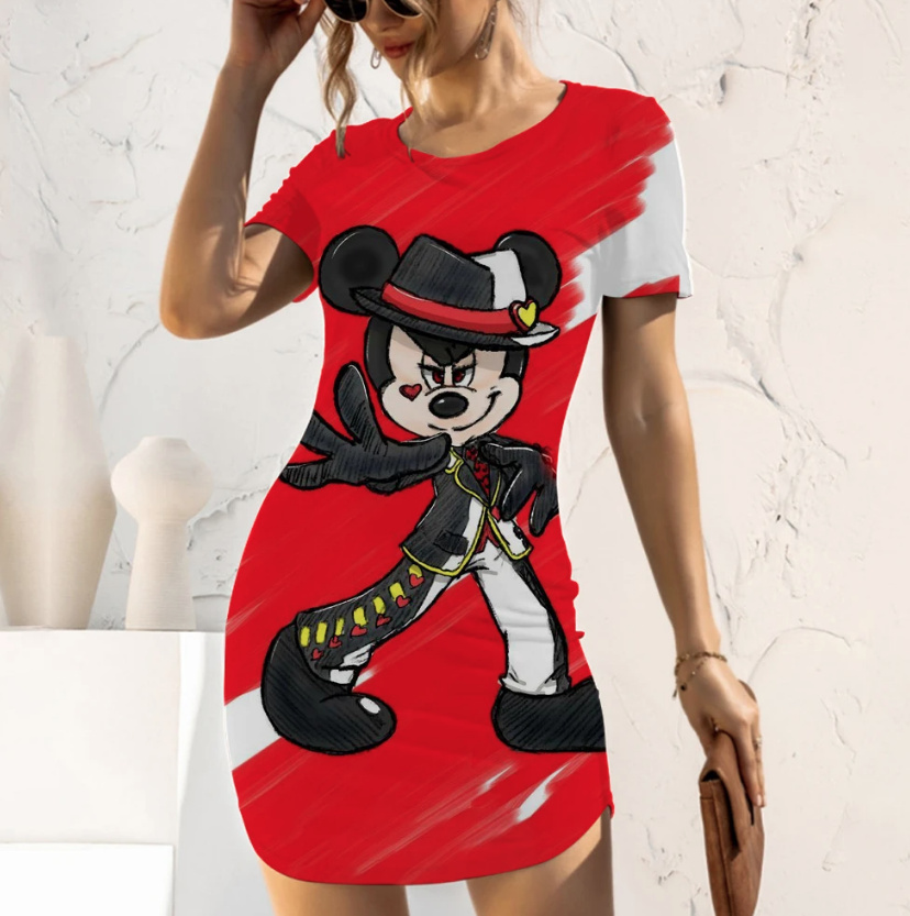 Disney Fashion Cartoon Print Mickey Bleistift Sommerkleid in Rot