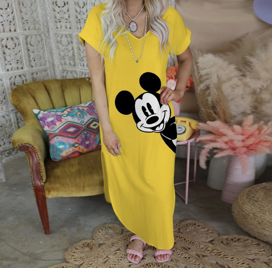 Disney Minnie Mickey Damen Maxi Kurzarm Sommerkleid Lena Gelb