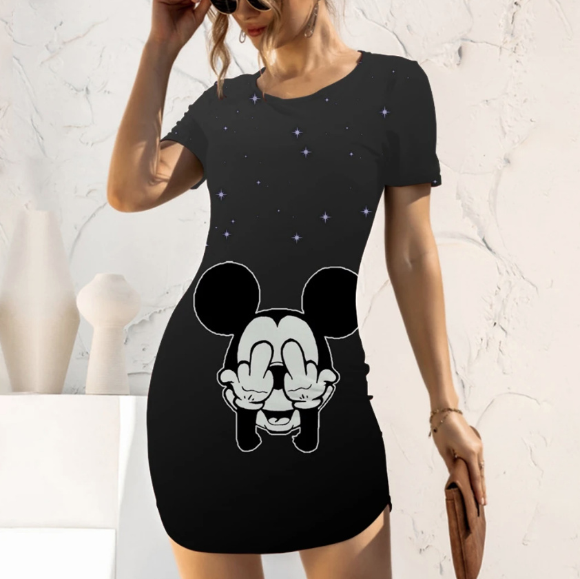 Disney Mode Cartoon Print Mickey Bleistift Sommerkleid in Schwarz