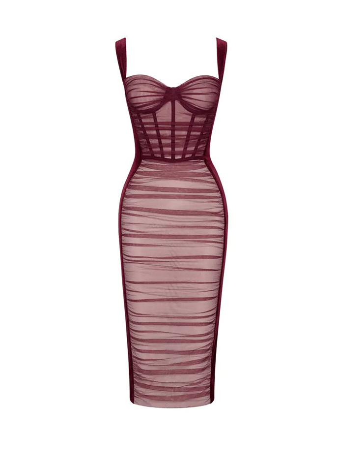 Elegantes Bleistift Kleid mit Träger in Dunkelrot Rückenausschnitt