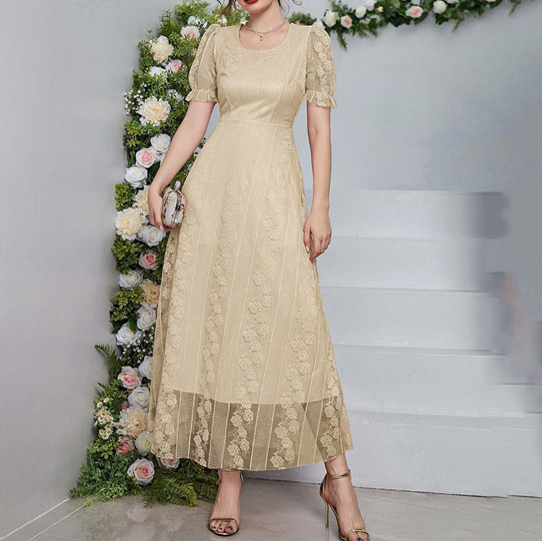 Elegantes Kurzarm Kleid Corin Knöchellang in Ivory mit Blumen Spitze