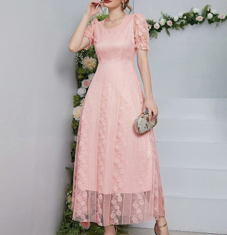 Elegantes Kurzarm Kleid Corin Knöchellang in Rosa mit Blumen Spitze