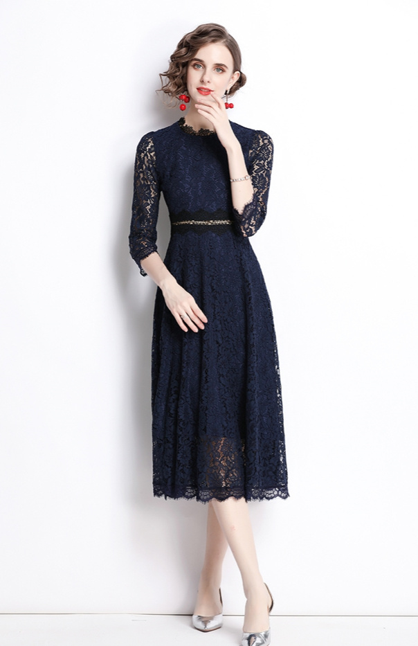 Elegantes Langarm Designer Vintage Style Kleid in Navyblau mit Spitze