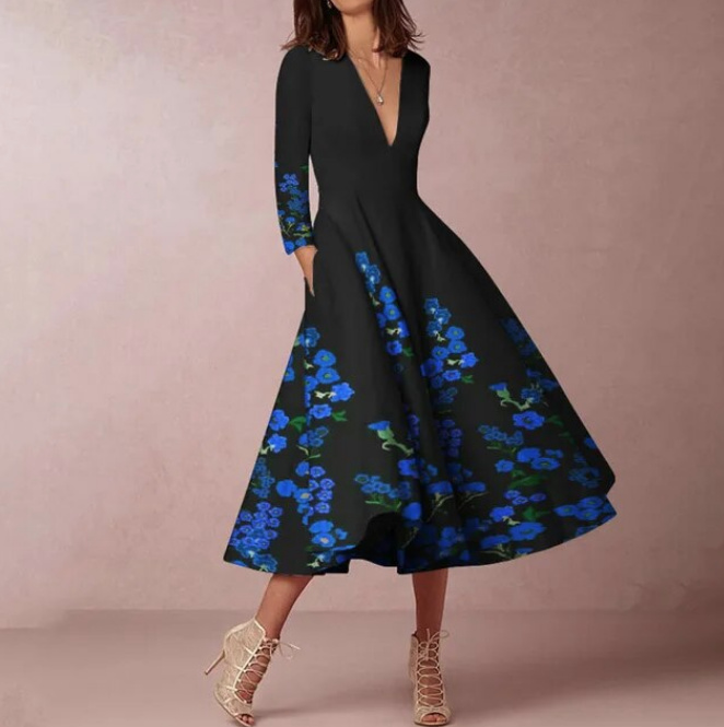 Elegantes Langarm Kleid Belinda Wadenlang mit V Ausschnitt Schwarz mit Blumen