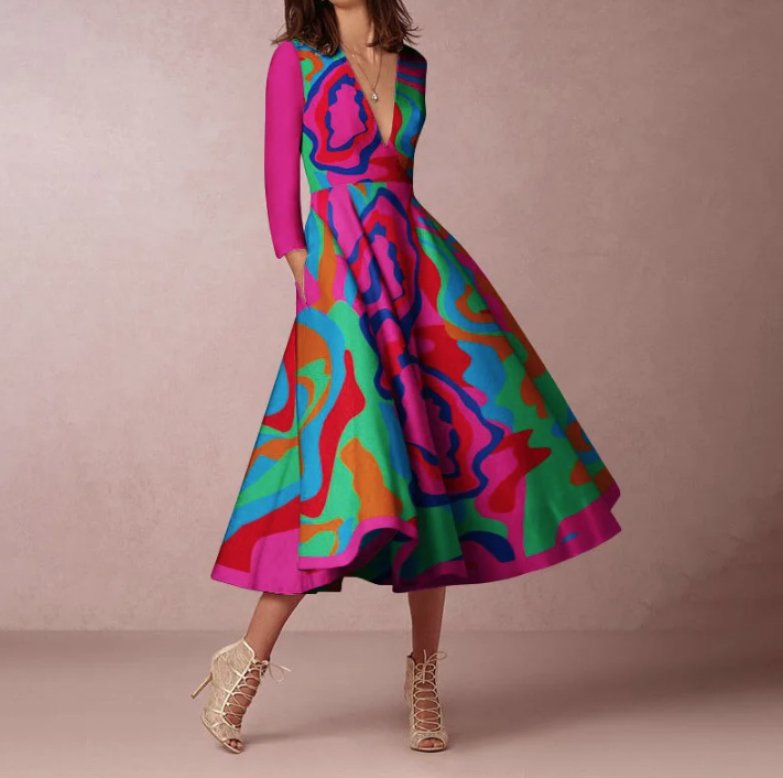 Elegantes Langarm Kleid Belinda Wadenlang mit V Ausschnitt in Pink
